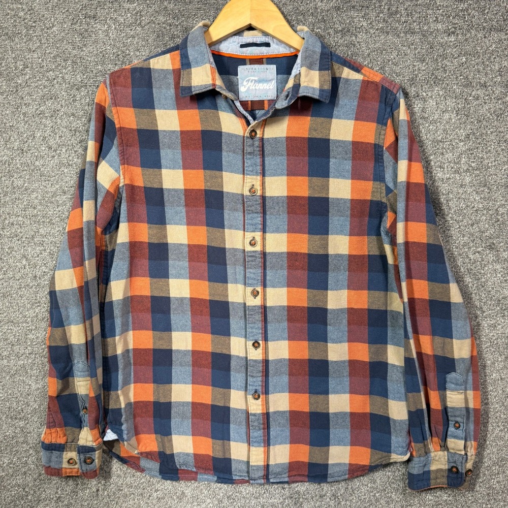 Denim & Flower Ricky Singh Flannel Shirt Mens M Orange Blue Plaid Cotton